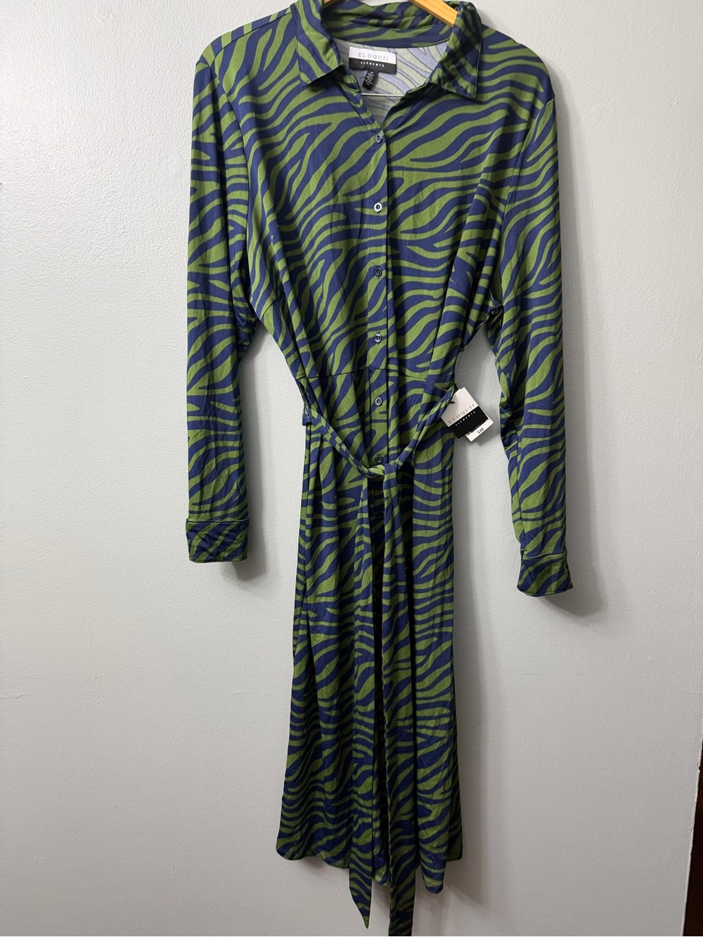 Eloquii Elements Long-Sleeve Zebra Print Shirt Dress in Green and Navy 22 NWT